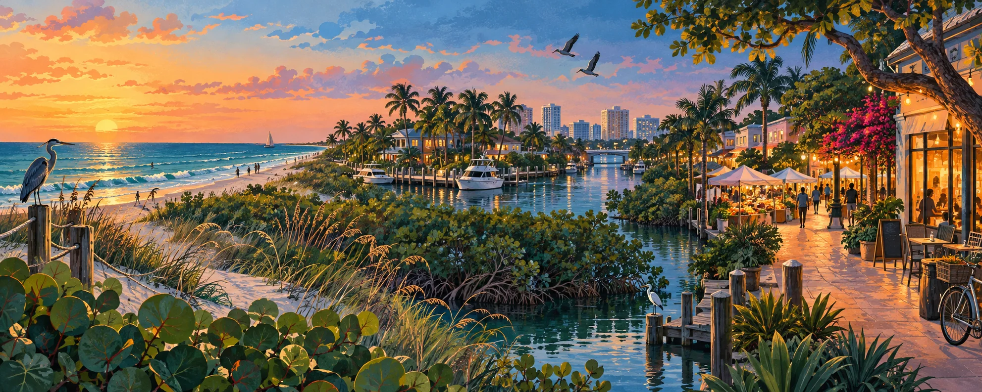 Illustrated panorama connecting Broward's Atlantic coast, canals, mangroves, neighborhoods, and a community market