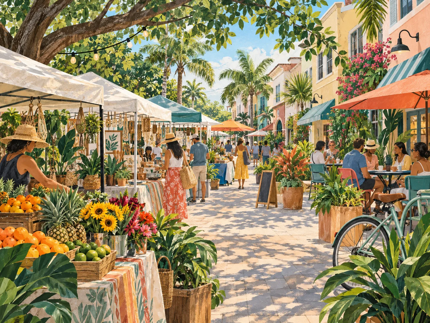 Editorial illustration of a shaded South Florida community market with produce, crafts, neighbors, and café tables